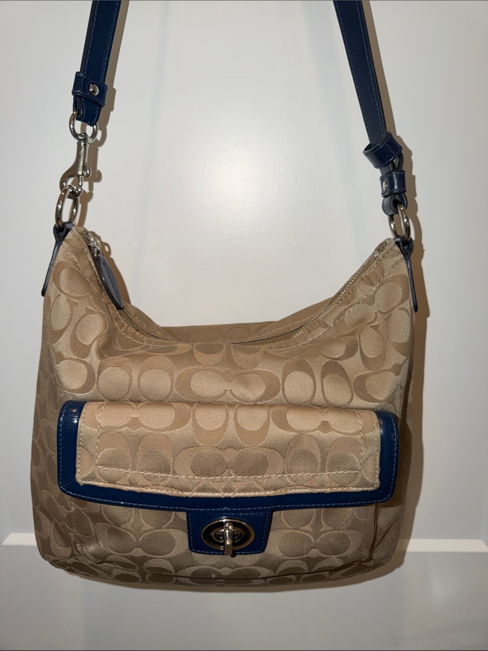 Coach Penelope F19232 Beige Signature Shoulder Bag with Navy Parent Leather Trim